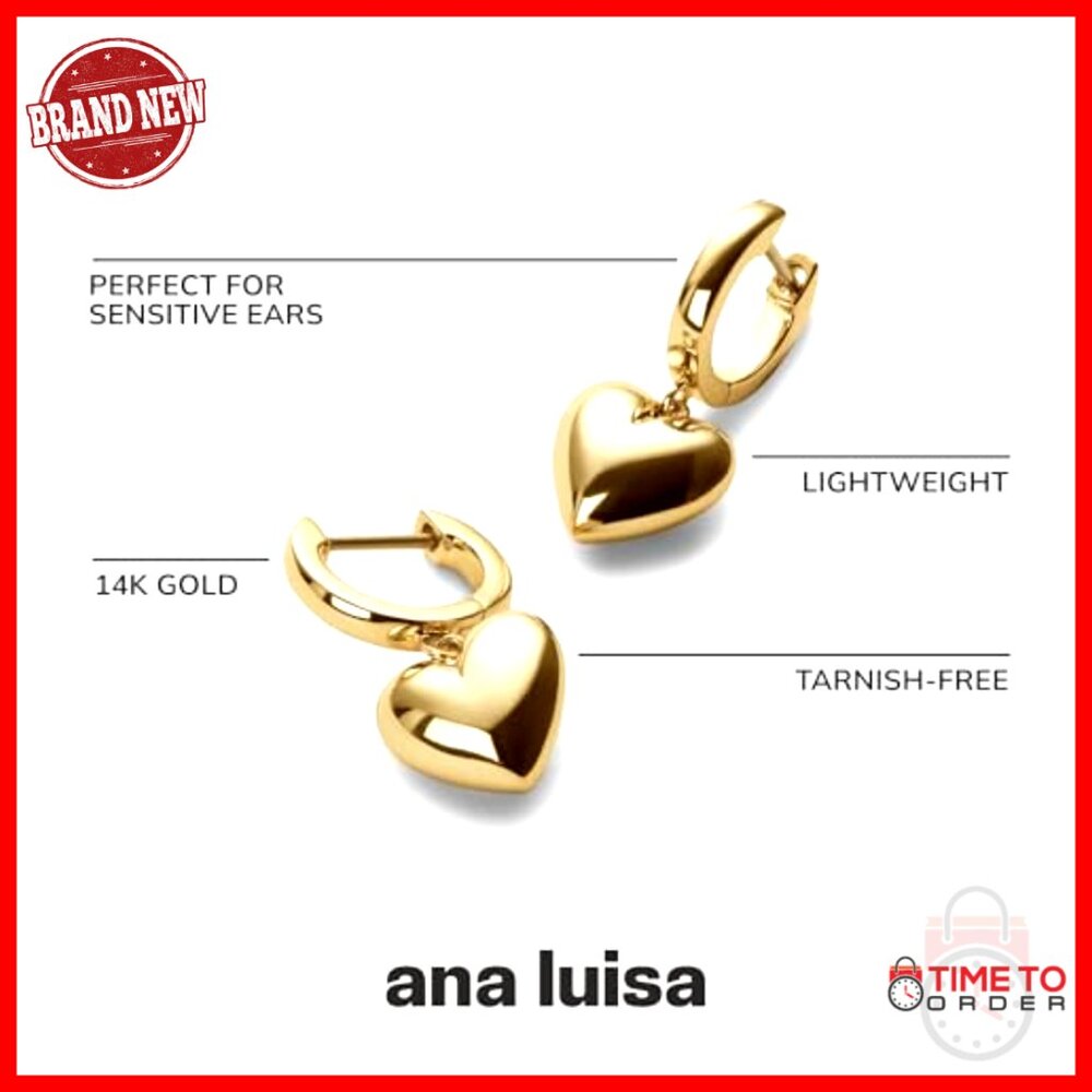 Puffed Heart Huggie Hoop Earrings 14K Gold Plated Hypoallergenic - Picture 3 of 7